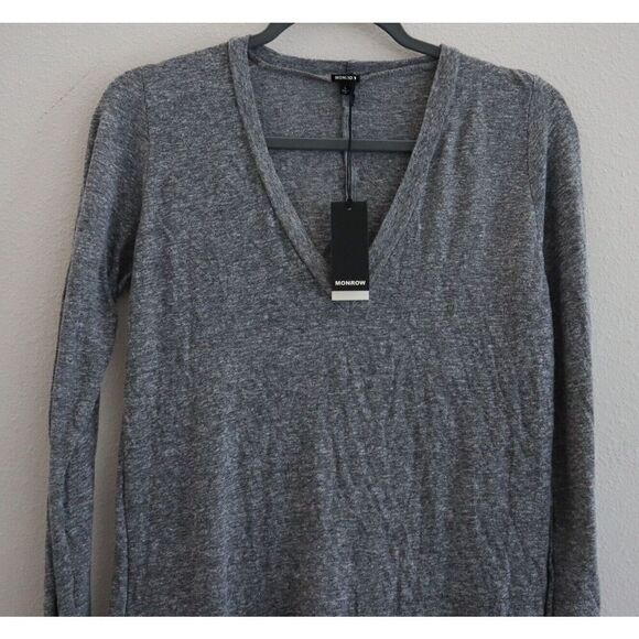 Monrow Women's Sz Large Gray Textured Tri-Blend Fitted L/S V-Neck Tee Shirt - Picture 7 of 7